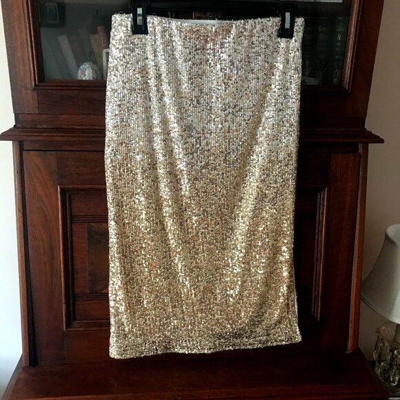 CHELSEA & VIOLET: GOLD SEQUIN KNEE LENGTH PENCIL SKIRT SIZE S - Picture 2 of 2